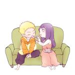  1boy 1girl blonde_hair cake chibi closed_eyes couch couple feeding food green_upholstery hyuuga_hinata lavender_eyes naruto naruto:_the_last oretto_(ring) plate purple_hair simple_background spoon uzumaki_naruto 