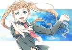  1girl blue_eyes breasts brown_hair elle_mel_martha gradient gradient_background long_hair navel necktie nina_(pastime) older open_mouth solo tales_of_(series) tales_of_xillia_2 twintails 
