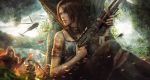  1girl bow_(weapon) brown_eyes brown_hair earth gun hiding lara_croft long_hair looking_at_viewer realistic shotgun sky solo tank_top tomb_raider tree weapon 