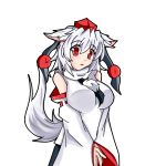  1girl animal_ears blush breasts detached_sleeves ears_down female hat inubashiri_momiji large_breasts looking_at_viewer open_mouth pom_pom_(clothes) red_eyes ribbon-trimmed_sleeves ribbon_trim short_hair silver_hair simple_background solo tail tokin_hat touhou transparent_background v_arms wolf_ears wolf_tail 