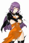  1girl between_breasts black_cape black_gloves breast_press breasts caladrius cape choker cleavage dress female frilled_choker frills gloves large_breasts long_gloves long_hair official_art orange_dress orange_eyes purple_hair simple_background solo sophia_fulancelli test_tube thigh-highs thighs torn_clothes torn_dress yasuda_suzuhito 