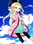  1girl blue_eyes brown_hair clouds dress elle_mel_martha frills gradient gradient_background hair_ornament hat jacket jewelry long_hair necklace shorts sky solo tales_of_(series) tales_of_xillia_2 twintails 