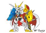  armor cape chibi digimon full_armor horns monster no_humans omegamon red_eyes royal_knights shoulder_pads simple_background solo sword weapon white_background 