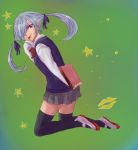  1girl blue_hair book breasts gradient gradient_background green_background hair_ornament hair_over_one_eye long_hair red_eyes ribbon school_uniform shoes skirt smile solo star takigawa_noa thigh-highs tongue tongue_out twintails yamada-kun_to_7-nin_no_majo 