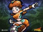  1girl ass blue_eyes breasts brown_hair earrings gloves gradient gradient_background jewelry lips official_art princess_daisy soccer solo super_mario_bros. 