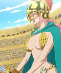  1girl bare_legs braid breasts cape clouds curvy dressrosa female helmet large_breasts one_piece pink_hair rebecca_(one_piece) screencap serious sky solo stadium standing stitched sweat 