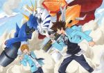  2boys arm_cannon armor bandai blonde_hair brown_hair cannon cape clouds cloudy_sky digimon digimon_adventure digimon_adventure_tri. digivice epic full_armor goggles horns ishida_yamato male_focus monster multiple_boys omegamon short_hair sky sword traditional_media weapon yagami_taichi 