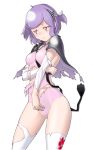  1girl arm_warmers breasts caladrius cape cecilia_nel_albright leotard official_art pink_eyes pink_leotard purple_hair short_hair simple_background skin_tight small_breasts solo strap_cleavage thigh-highs thighs torn_cape torn_clothes torn_leotard torn_thighhighs yasuda_suzuhito 