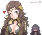  2girls black_hair breast_envy breasts brown_hair cleavage cslucaris female fire_emblem fire_emblem_if long_hair multiple_girls nintendo nyx_(fire_emblem_if) ophelia_(fire_emblem_if) simple_background smile 