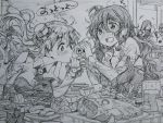  4girls akagi_(kantai_collection) alcohol bare_shoulders blurry blush bottle capelet depth_of_field drunk fish food fruit greyscale hair_between_eyes highres kaga_(kantai_collection) kantai_collection kojima_takeshi leaning_forward lemon long_hair looking_at_another monochrome multiple_girls mushroom pola_(kantai_collection) pouring sake sake_bottle sketch straight_hair sushi table upper_body wavy_hair zara_(kantai_collection) 