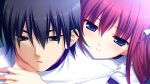  1boy 1girl black_eyes black_hair blue_eyes grisaia_(series) grisaia_no_kajitsu grisaia_no_rakuen hug kazami_yuuji long_hair open_mouth redhead suou_amane 