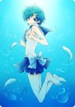  1girl aqua_hair barefoot bishoujo_senshi_sailor_moon blue_eyes bow bubbles chiichi feet fish gradient gradient_background mizuno_ami pleated_skirt sailor_mercury skirt solo underwater 