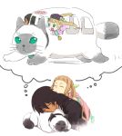  1boy 1girl aqua_eyes black_hair brown_hair cat closed_eyes coat collar dark_skin dress elle_mel_martha frills gaius_(tales) hair_ornament jacket long_hair lulu_(tales) open_mouth short_hair simple_background sleeping tales_of_(series) tales_of_xillia tales_of_xillia_2 twintails 