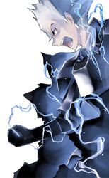  1boy angry black_gloves caladrius cloak electricity gloves graham_galdias_baladin grey_eyes grey_hair lightning_bolt official_art simple_background solo spiky_hair yasuda_suzuhito 