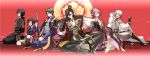  6+boys armor black_hair brown_hair gradient gradient_background heshikiri_hasebe japanese_armor japanese_clothes katana military military_uniform multiple_boys oda_nobunaga pink_hair shokudaikiri_mitsutada sitting sode souza_samonji sword touken_ranbu tsurumaru_kuninaga uniform white_hair yagen_toushirou 