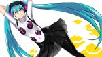  1girl arms_behind_head arms_up blue_hair hatsune_miku headphones kairos+ pantyhose persona persona_4:_dancing_all_night simple_background skirt smile solo suspenders twintails vocaloid 