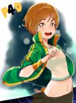  1girl bob_cut brown_eyes brown_hair dancing gradient gradient_background jacket midriff navel nesume open_clothes open_jacket open_mouth persona persona_4 persona_4:_dancing_all_night satonaka_chie short_hair skirt smile solo sweat upper_body wristband 