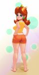  1girl ass back barefoot black-rayal blue_eyes blush brown_hair crown earrings feet freckles from_behind gradient gradient_background hands_on_hip jewelry long_hair looking_at_viewer looking_back nintendo pantylines princess_daisy shorts smile solo standing super_mario_bros. super_mario_land 