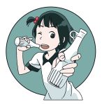  1girl bangs black_eyes black_hair bottle food hair_bobbles hair_ornament hosoo ice_cream open_mouth papico_(ice_cream) shirasawa_papico_design_contest shirt simple_background solo white_shirt wink 