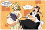    2girls aladdin_pants belly blonde_hair boots breasts cleavage closed_eyes corset dress english gammatelier maid multiple_girls navel pregnant simple_background wince 