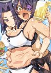  2girls alcohol arino_towatari bare_shoulders beer belly_grab bikini blush breasts cleavage deep_skin eyepatch gradient gradient_background kantai_collection large_breasts multiple_girls navel open_mouth plump purple_hair short_hair smile stomach swimsuit tatsuta_(kantai_collection) tenryuu_(kantai_collection) violet_eyes yellow_eyes 