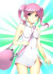  1girl bag bandai breasts digimon digimon_world_re:digitize female gradient gradient_background one_breast_out pink_eyes pink_hair rindou_akiho solo twintails 