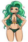  1girl amazon amazon_lily bikini boa_sandersonia breasts eric_lowery female green_eyes green_hair large_breasts long_hair navel one_piece simple_background smile solo swimsuit tongue underwear very_long_hair white_background 