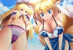  2girls animal_ears backlighting bangs bent_over bikini black_hair blonde_hair blue_bikini blue_eyes blue_sky blurry bow breasts cat_ears clouds collarbone eyebrows eyebrows_visible_through_hair eyes_visible_through_hair fang fox_ears fox_tail frilled_bikini frills from_below gradient gradient_background hands_on_own_knees hat large_breasts light_rays long_hair looking_down mob_cap multiple_girls multiple_tails navel open_mouth purple_bikini reflective_eyes sarong short_hair sky smile sparkle sunlight swimsuit tail touhou under_boob very_long_hair violet_eyes yakumo_ran yakumo_yukari z.o.b 