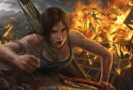  1girl bow_(weapon) brown_eyes brown_hair clouds earth fire lara_croft long_hair open_mouth smoke solo standing tank_top tomb_raider tree weapon 