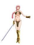  1girl armor bikini_armor braid breasts female gladiator gloves large_breasts long_hair looking_at_viewer one_piece pink_hair rebecca_(one_piece) simple_background solo soukichi sword weapon 