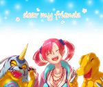  1girl 2boys agumon bandai blue_dress breasts claws cleavage digimon digimon_story:_cyber_sleuth dress fangs female friends gabumon happy horns monster multiple_boys open_mouth redhead shiramine_nokia simple_background smile solo twintails 