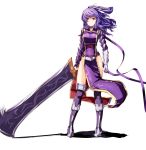  1girl ao_no_kiseki armor chinese_clothes dress eiyuu_densetsu hair_ribbon long_hair looking_at_viewer purple_hair ribbon rixia_mao side_slit simple_background solo sword thigh-highs violet_eyes weapon zero_no_kiseki 