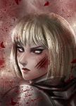  1girl armor blonde_hair blood cape clare_(claymore) claymore gradient gradient_background grey_eyes lips looking_at_viewer nose scar short_hair solo 