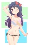  1girl ageha_(kyoukai_no_rinne) armpits bare_shoulders bikini black_hair breasts cleavage kyoukai_no_rinne long_hair midriff navel one_eye_closed ribbon simple_background smile solo swimsuit under_boob violet_eyes wink 