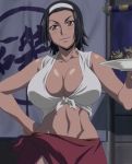  1girl black_hair blush breasts brown_eyes cleavage dark_skin female hairband large_breasts looking_at_viewer manyuu_hikenchou navel oiso screencap short_hair solo standing stitched 