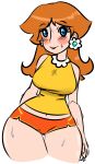  1girl blue_eyes blush brown_hair earrings jewelry looking_at_viewer princess_daisy simple_background solo super_mario_bros. sweat thick_thighs wide_hips 