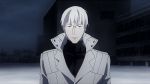  1boy animated animated_gif arima_kishou_(tokyo_ghoul) collar expressionless glasses grey_eyes rooftop short_hair snow solo standing tokyo_ghoul trench_coat white_hair 