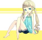  1girl bare_shoulders barefoot blue_eyes brown_hair dress elle_mel_martha food hair_ornament ice_cream long_hair open_mouth ponytail shorts solo striped_background tales_of_(series) tales_of_xillia_2 
