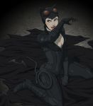  1girl animal_ears batman_(series) belt blue_eyes breasts cat_ears cat_tail catwoman claws dc_comics elbow_gloves gb_(doubleleaf) gloves goggles goggles_on_head helmet high_heels highres large_breasts leotard lips short_hair smile solo squatting tail whip 