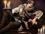  1boy assassin&#039;s_creed assassin&#039;s_creed_(series) assassin&#039;s_creed_ii boots brown_eyes brown_hair drinking ezio_auditore_da_firenze fire gradient gradient_background male_focus ponytail sitting solo 
