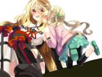  2girls bare_shoulders blush boots breasts brown_hair closed_eyes detached_sleeves dress elle_mel_martha frills hair_ornament jacket kiss long_hair milla_(tales_of_xillia_2) multiple_girls open_mouth red_eyes ribbon shoes shorts simple_background skirt tales_of_(series) tales_of_xillia_2 twintails 