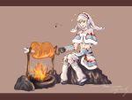  1girl animal_hood bbq bunny_hood capcom cooking fire food green_eyes lagombi_(armor) meat monster_hunter saliva simple_background sitting solo 