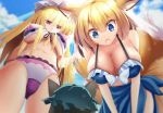  3girls animal_ears backlighting bangs bent_over bikini black_hair blonde_hair blue_bikini blue_eyes blue_sky blurry bow breast_envy breasts cat_ears chen clouds collarbone erect_nipples eyebrows eyebrows_visible_through_hair eyes_visible_through_hair fang fox_ears fox_tail frilled_bikini frills from_below green_hat hands_on_own_knees hat large_breasts leaning_forward light_rays long_hair looking_at_another looking_down mob_cap multiple_girls multiple_tails navel open_mouth purple_bikini reflective_eyes sarong short_hair sky smile sparkle sunlight swimsuit tail touhou under_boob very_long_hair violet_eyes yakumo_ran yakumo_yukari z.o.b 