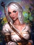  1girl ciri face gradient gradient_background green_eyes lips looking_at_viewer parted_lips realistic scar short_hair silver_hair solo sword the_witcher the_witcher_3 upper_body weapon 