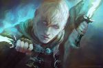  1boy blonde_hair cole dagger dragon_age gradient gradient_background lips nose painterly short_hair solo weapon white_eyes 