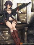  1girl alternate_color bayonet belt black_hair boots breasts cleavage devil_may_cry devil_may_cry_4 gloves gun heterochromia jewelry kneehighs lady_(devil_may_cry) looking_at_viewer midriff navel necklace no_bra open_clothes scar short_hair short_shorts shorts sitting solo spike_wible sunglasses weapon 