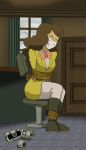  1girl arms_behind_back bdsm bondage bound bound_ankles bound_arms bound_wrists bow bowtie brown_hair cloth_gag gag gagged highres improvised_gag jacket merinthos professor_layton remi_altava solo tied_up trembling 