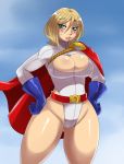  1girl aqua_eyes blonde_hair blush breasts bursting_breasts cape cleavage cleavage_cutout curvy dc_comics eric_lowery female gloves gradient gradient_background highleg highleg_leotard kryptonian large_breasts leotard looking_at_viewer parted_lips power_girl red_cape short_hair solo superhero sweat thick_thighs wide_hips 
