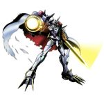  1boy arm_cannon armor cannon cape digimon digimon_world_re:digitize full_armor highres horns looking_at_viewer male_focus monster no_humans official_art omegamon omegamon_x royal_knights simple_background solo weapon 