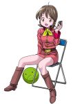  1girl boots brown_eyes brown_hair chair frau_bow gundam haro karasuke_d military military_uniform mobile_suit_gundam robot simple_background sitting uniform 